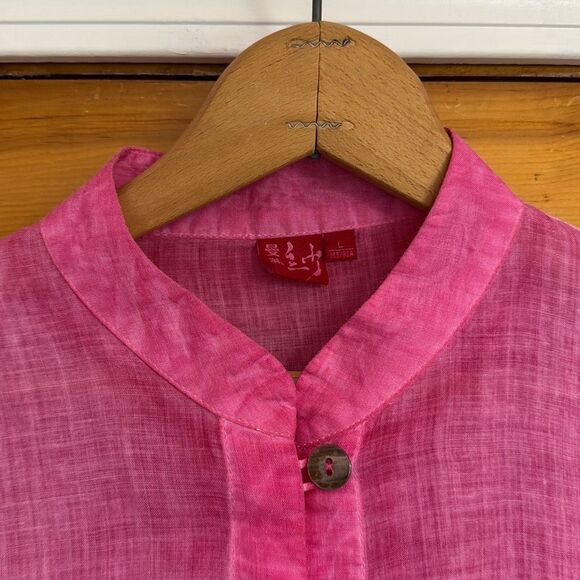 Pink Mandarin Collar Semi Sheer Button Down Cover Up Women’s Large - Picture 2 of 9